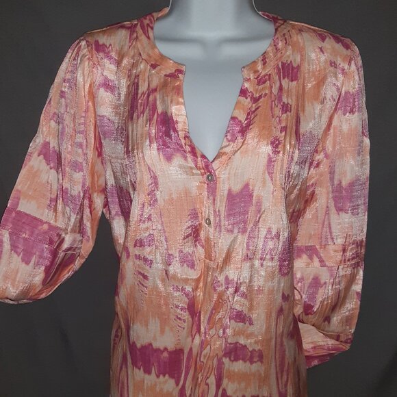 NWT Nicole Miller LS Soft Summer Blouse in Orange & Raspberry * Shimmer * L * - Picture 3 of 7